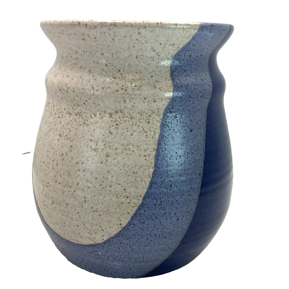 VTG Hand Thrown Studio Art Pottery Stoneware Base Vessel Signed Blue Swirl Grey